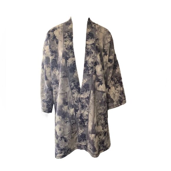 Solitaire Anthropologie Cardigan Jacket Faux Suede Gray Floral Open Front Medium - Picture 1 of 7